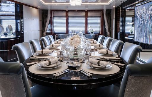 art deco-style dining area in main salon of luxury yacht TURQUOISE 