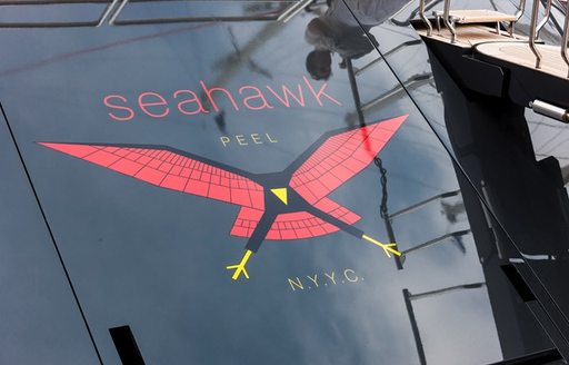 sailing yacht SEAHAWK's transom with seahawk design