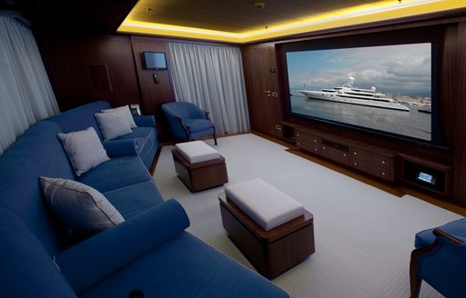 Newly installed cinema room on motor yacht Double Down