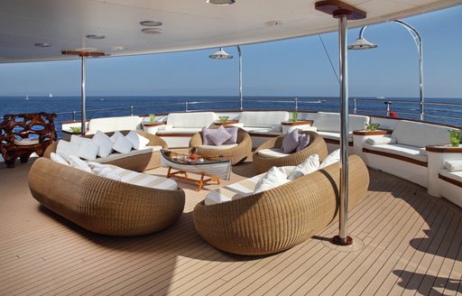 Comfortable alfresco seating area on board aft deck of motor yacht Sherakhan 