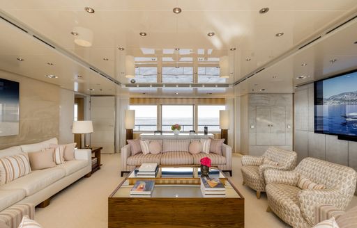 Interior lounge area onboard charter yacht LOON