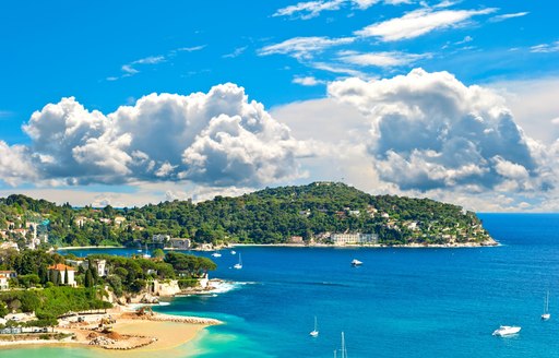 view of luxury resort and bay of Cote d'Azur. Villefranche by Nice, french riviera. turquoise sea and blue sky