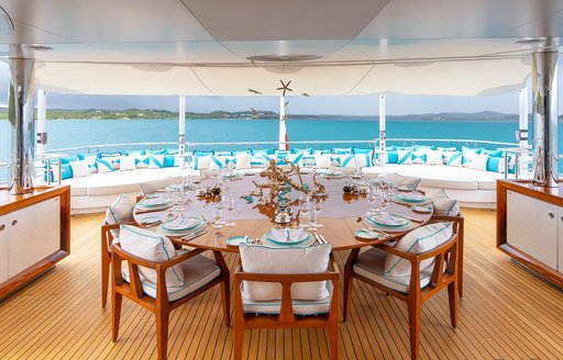 Alfresco dining area onboard charter yacht AXIOMA, circular dining table with panoramic views of the sea.