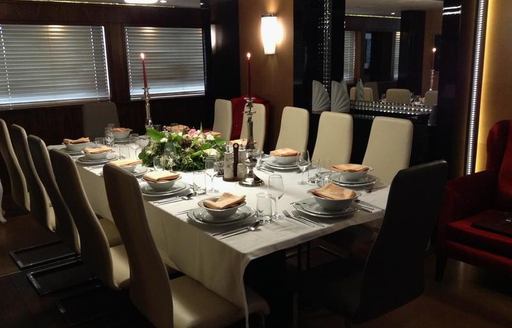 The formal dining space on board luxury yacht 'Lord Of The Seas'