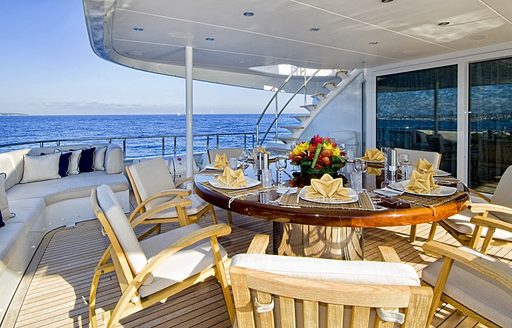 alfresco dining setup on bridge deck aft on board luxury yacht KIJO