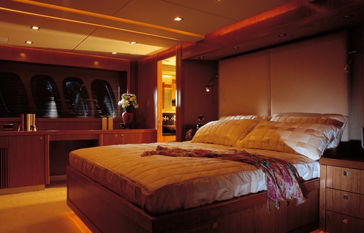 master suite with atmospheric lighting on board motor yacht ‘Casino Royale’ 