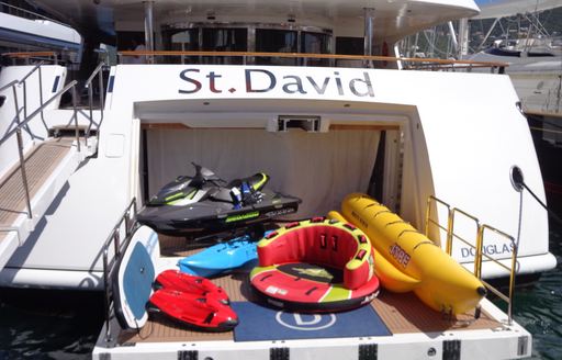 Selection of watertoys on the swim platform of private yacht charter ST DAVID