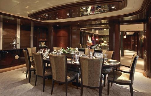 elegant dining salon on main deck of luxury yacht 'Blue Moon'