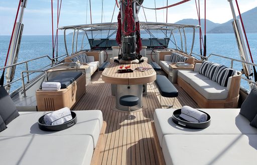 sun pads and seating areas on the flybridge of sailing yacht SEAHAWK 