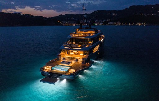 Charter yacht REBECA at dusk