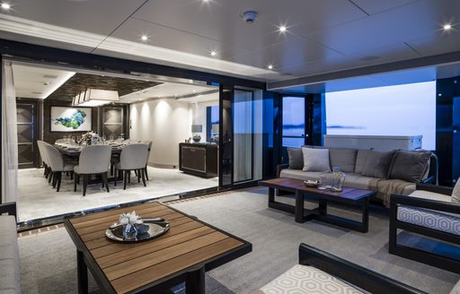 Aft deck winter garden and dining area on board charter yacht IRISHA