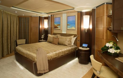 Elegant master suite on board charter yacht Anastasia