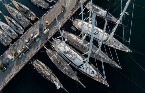 Aerial view of sailing yachts in Porto Cervo waiting for Loro Piana Superyacht Regatta