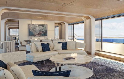 Lounge area in the main salon onboard charter yacht ALLURIA