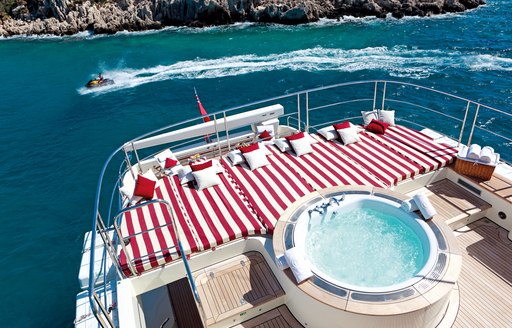 overhead view of Jacuzzi and giant sun pad on charter yacht Metsuyan IV 