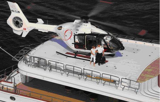 Helipad and a helicopter onboard charter yacht NOMAD