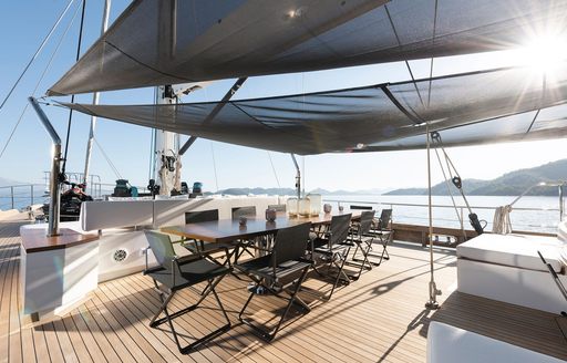 Alfresco dining onboard charter yacht ATLANTIKA