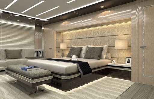 CGI of warm and bright bedroom on Superyacht Project Tala