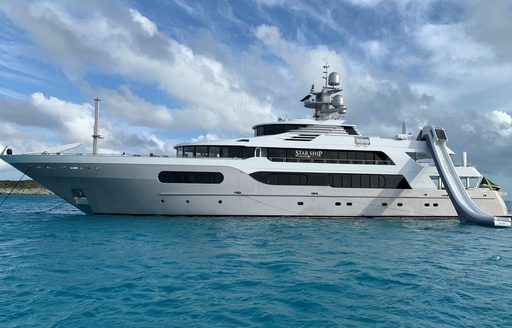 Charter yacht STARSHIP at anchor with waterslide