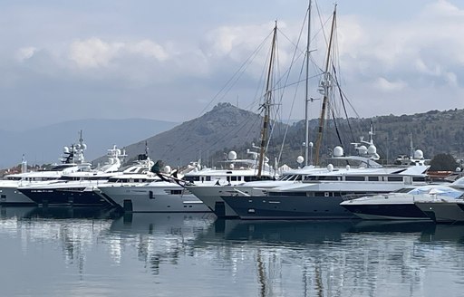 Yachts lined up at the Mediterranean Yacht Show 2023 in Greece