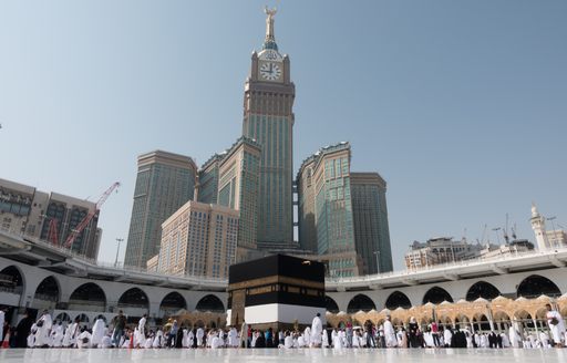 Muslims praying around the scared Mecca site in Saudi Arabia