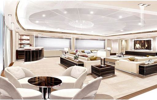 A sketch which shows the white furnishings and large television present in the skylounge of superyacht O'PTASIA