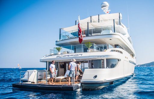 Exterior view of the beach club onboard boat charter SCORPION