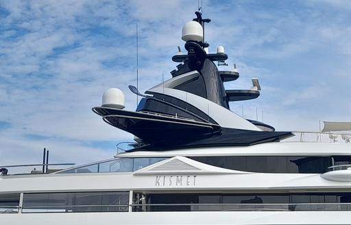 Superyacht Charter KISMET radar mast and nameplate