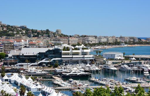 Yachts lined up in the Old Port at the Cannes Film Festival