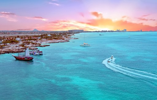 Aerial from Aruba island in the Caribbean Sea at sunset