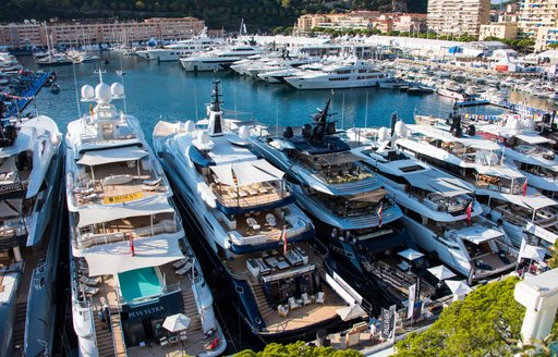 View across yachts lined up in Port Hercule, Monaco ready for the boat show