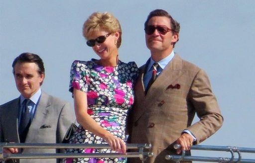 Actors, Elizabeth Debicki and Dominic West in their portrayals of Princess Diana and Prince Charles respectively as they recreate their 1991 yacht vacation in Italy. 