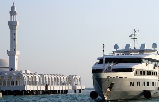 Yacht arriving in port at Jeddah Marina, Saudi Arabia