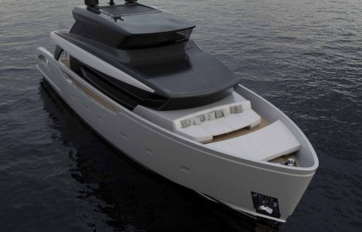 Overview of the bow on the Sanlorenzo SX100, exterior seating area looking forward.