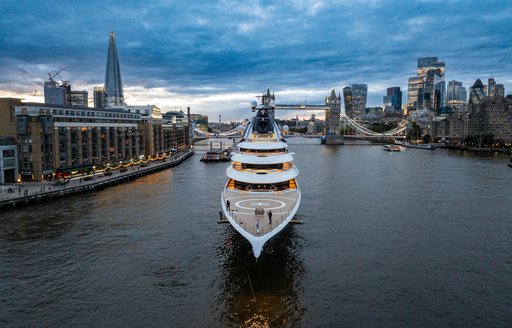 Charter yacht KISMET at anchor with Tower Bridge in background