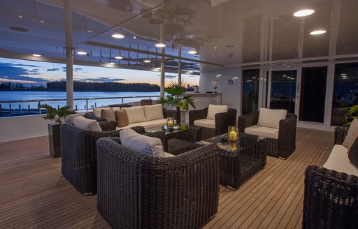 Modern furnishings on the exterior of superyacht 'Double Down' 