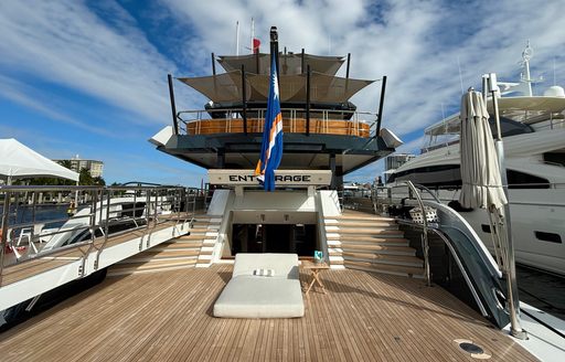 Stern of charter yacht ENTOURAGE berthed at Fort Lauderdale International Boat Show