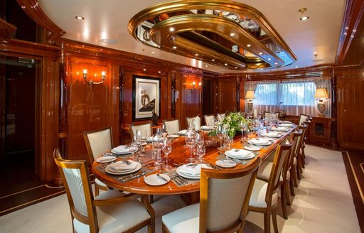 luxe dining salon aboard charter yacht Double Down