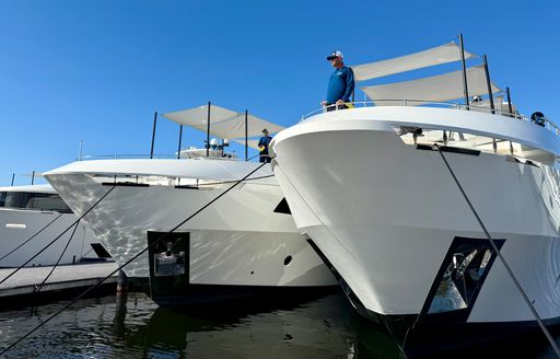 Bows of motor yachts berthed at Fort Lauderdale International Boat Show