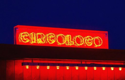 Amber lit sign reading Circoloco in Ibiza
