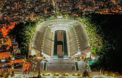 Athens - Panathenaic Stadium night lights aerial view