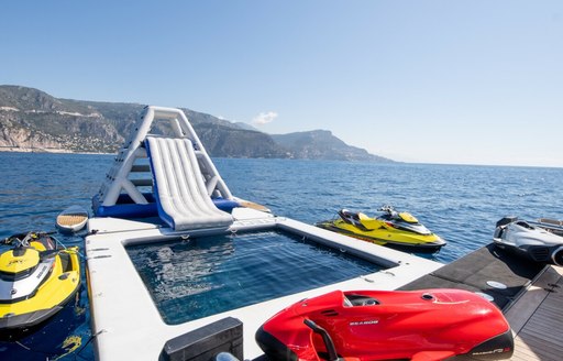 Overview of water toys included with charter yacht ARBEMA