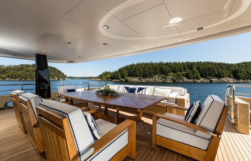 Alfresco dining setup onboard charter yacht AMIGOS, dining table with eight chairs