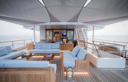 Covered outdoor sitting area on explorer yacht 'Blue II'