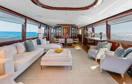 Charter yacht NAMASTAY main salon overview with plush seating