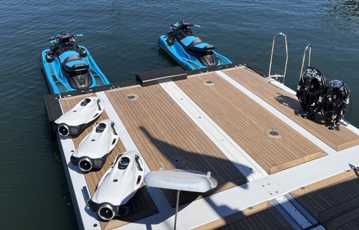 A selection of water toys on a swim platform onboard charter yacht SPORT
