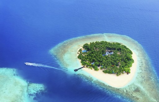 View from above of tiny Maldives atoll, centre of island covered by trees and fringed by beach