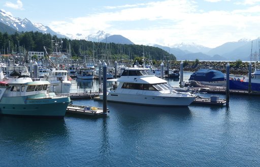 Boat charters docked in mountainous Sitka sound Alaska