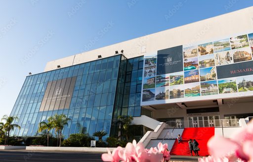 Overview of the Palais des Festivals Cannes during the Cannes Film Festival with a red carpet on the steps
