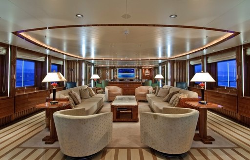 elegantly styled main salon aboard motor yacht O’NEIRO